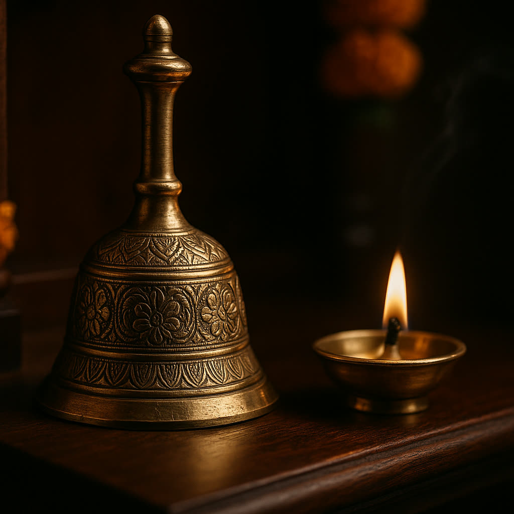 A traditional brass bell resting beside a lit oil lamp