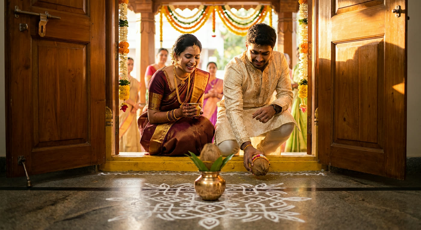 A couple in traditional attire about to break a coconut at their new home's threshold