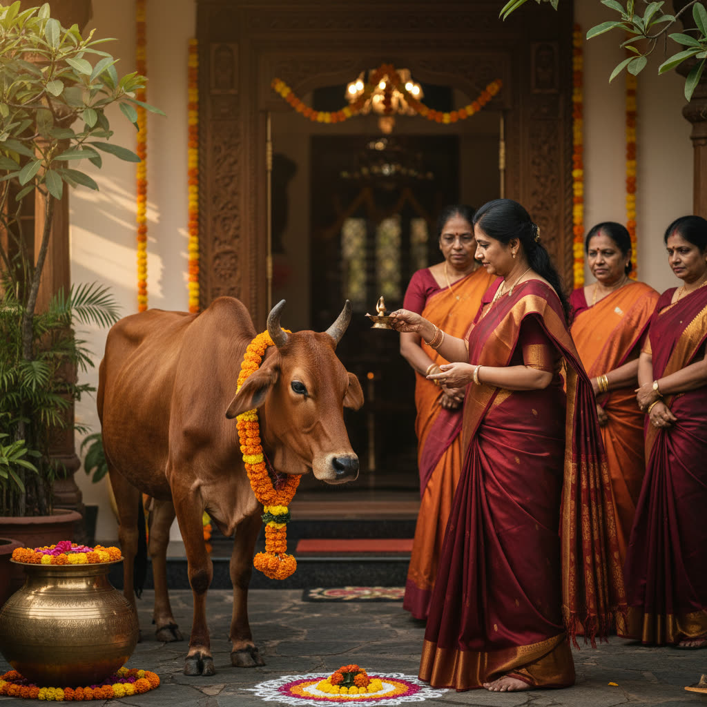 A marigold-garlanded cow being honoured during Gau Puja at the entrance