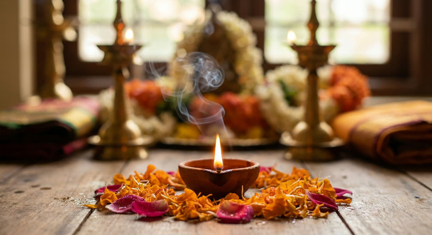 A lit clay diya resting among scattered marigold petals