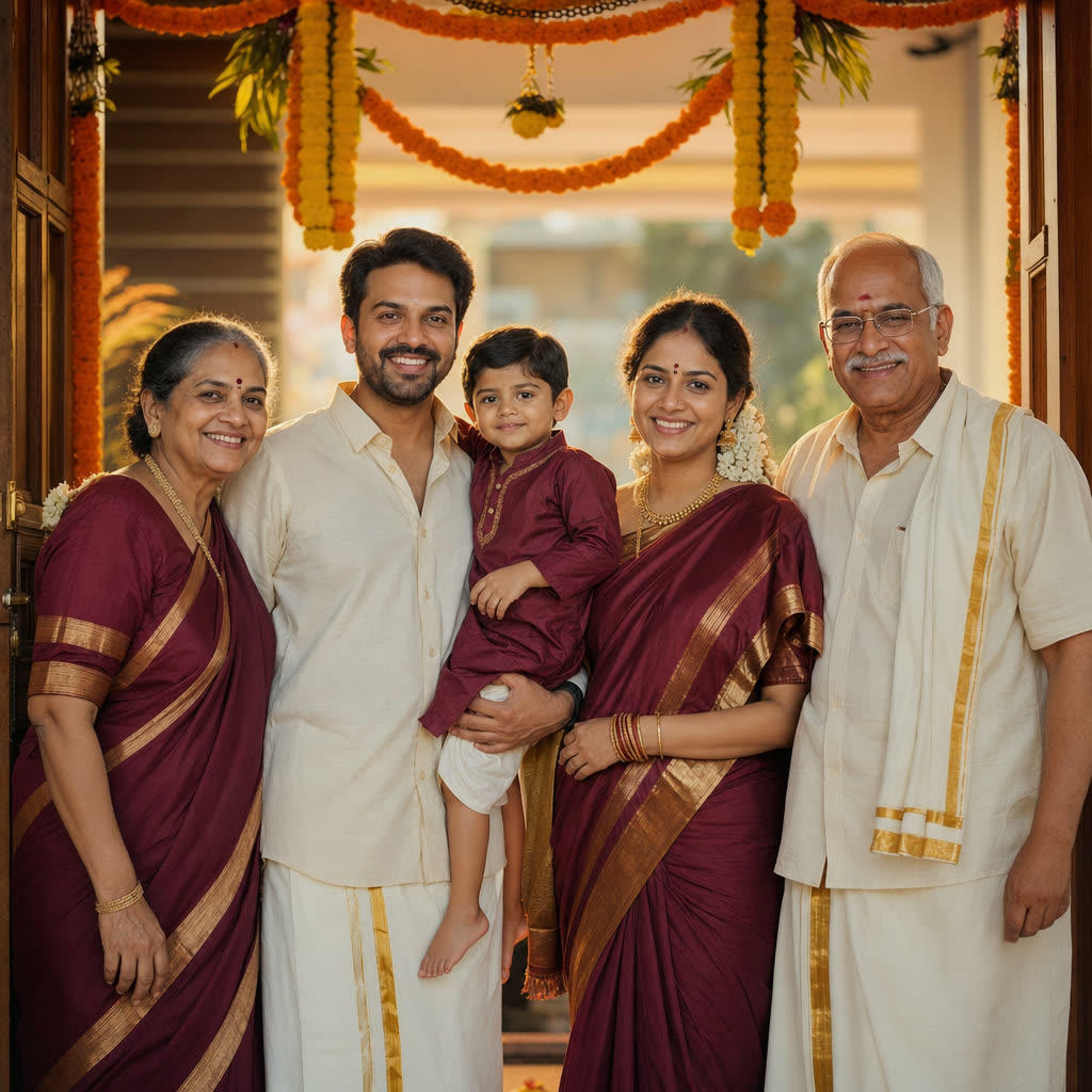 A multi-generational family standing together at their decorated doorway during a housewarming