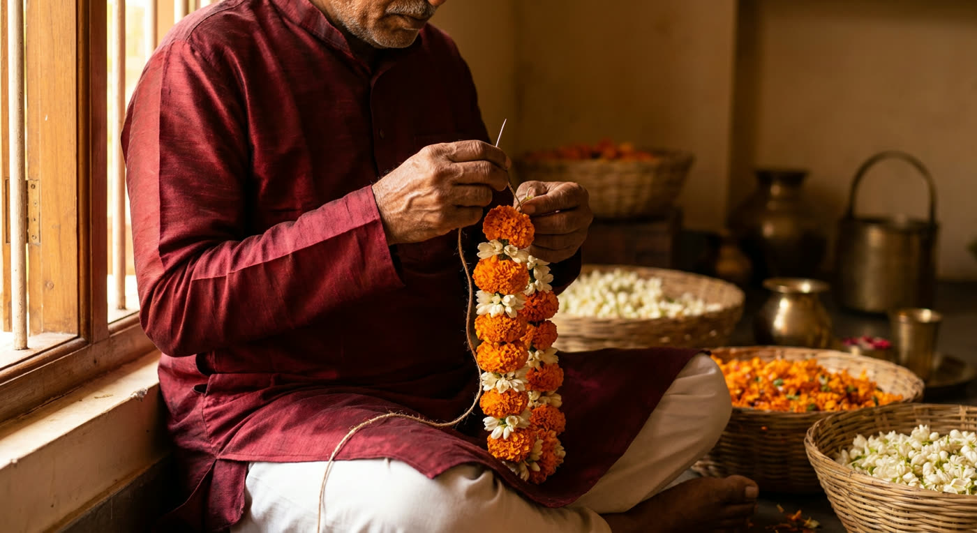 Hands stringing a fresh marigold and jasmine garland