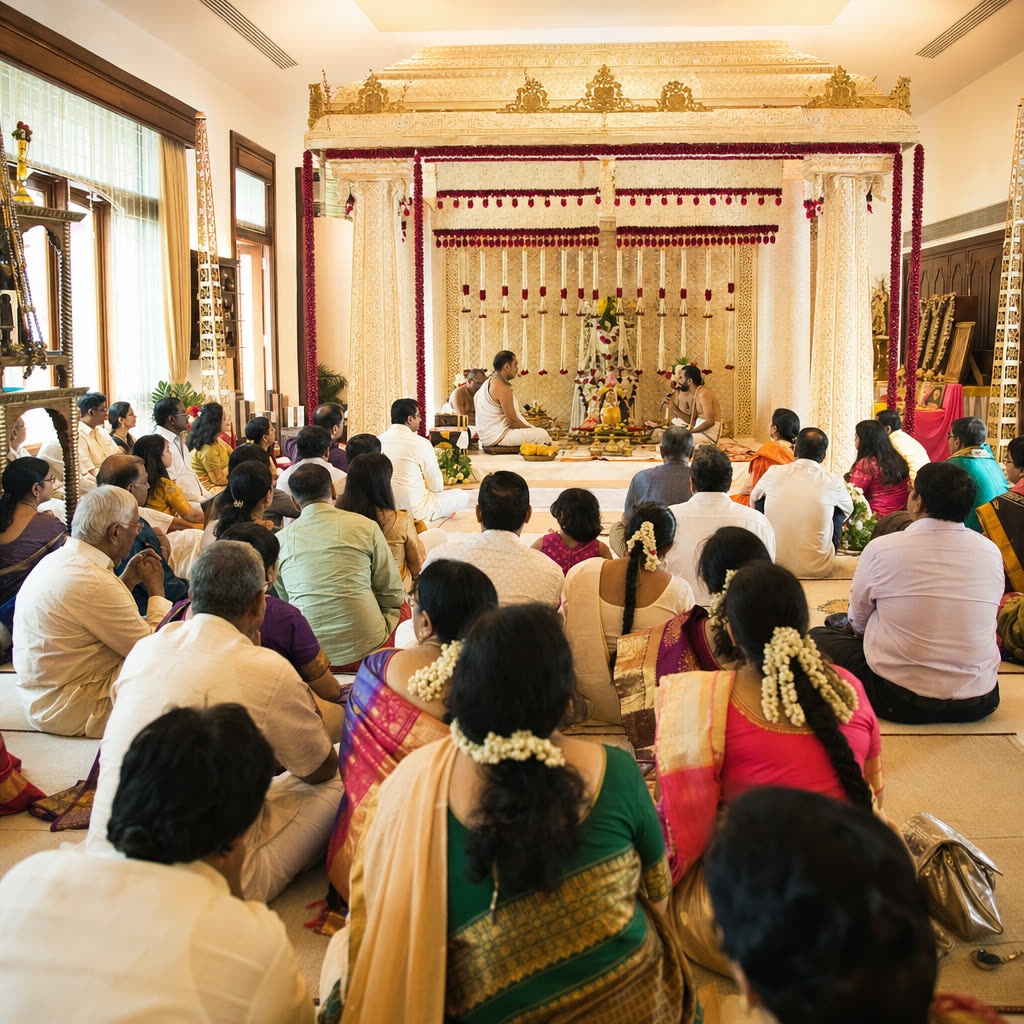 Guests seated on the floor facing the priest during the ceremony