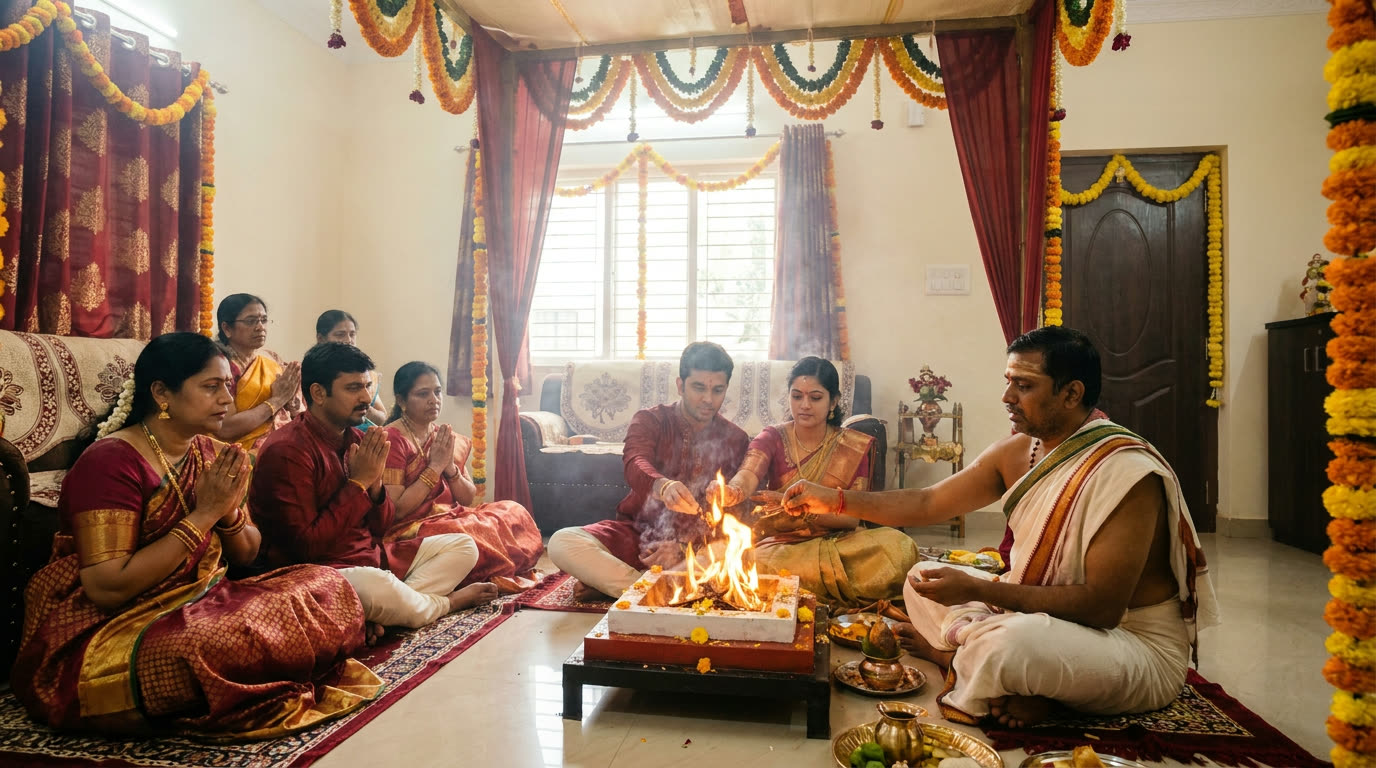 A full homam fire ceremony in progress with family seated around it