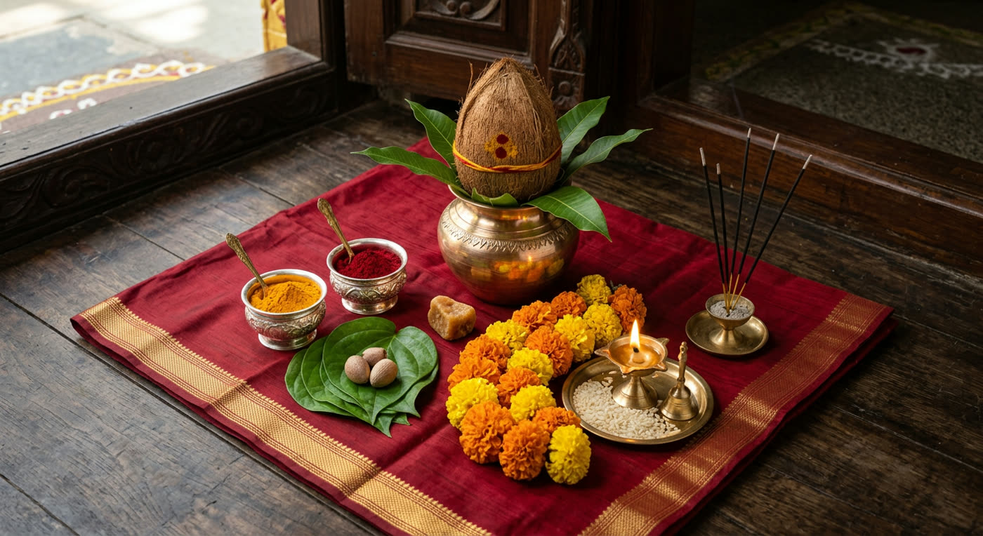 Pooja samagri laid out: brass kalash, turmeric, kumkum, betel leaves and marigold