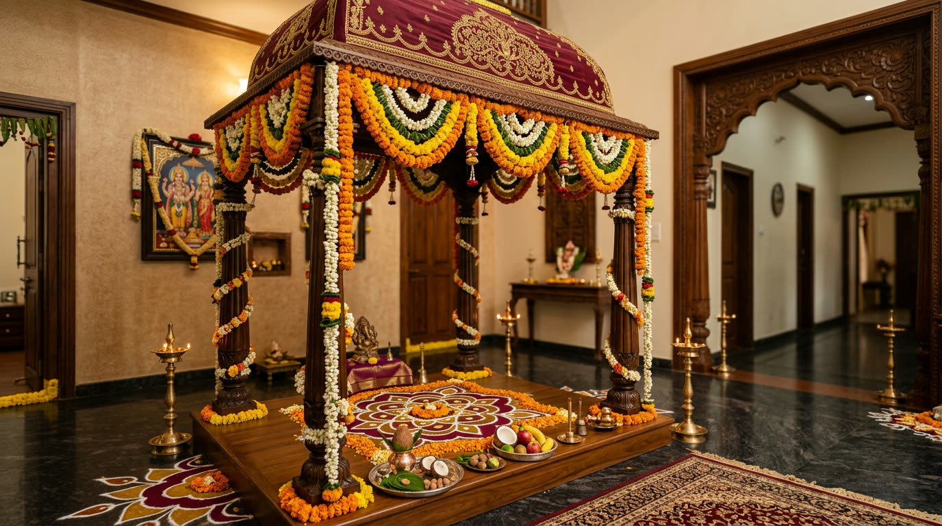 A styled wooden mandap backdrop decorated with marigold and jasmine garlands