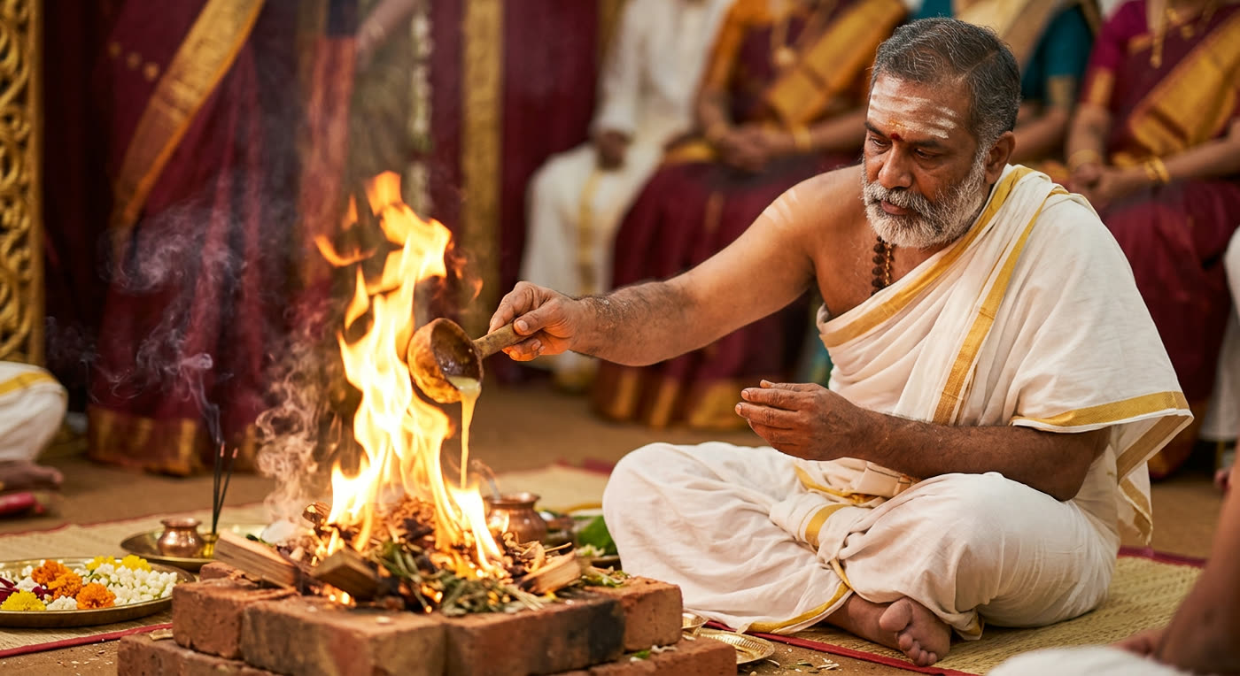 A priest pouring ghee into the homam fire during the ceremony