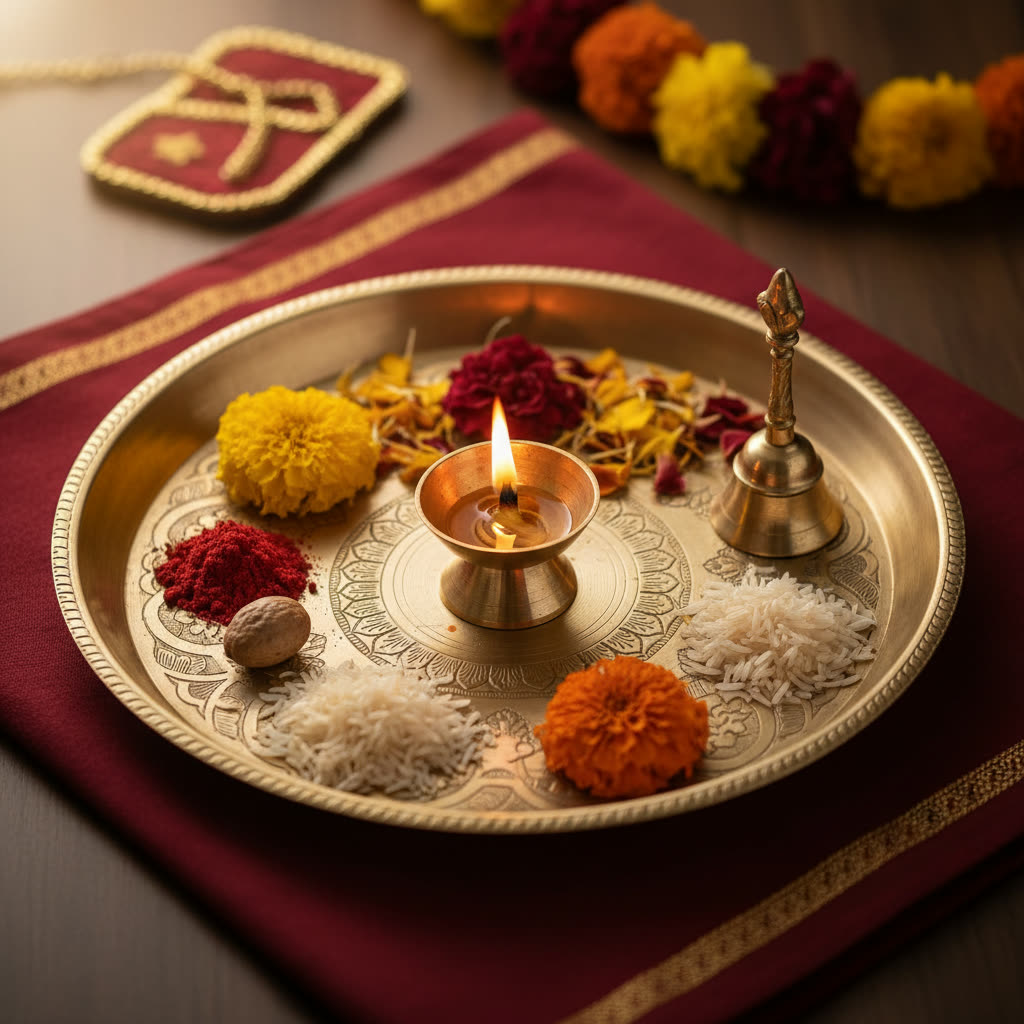 A decorated brass pooja thali with kumkum, turmeric and a lit lamp