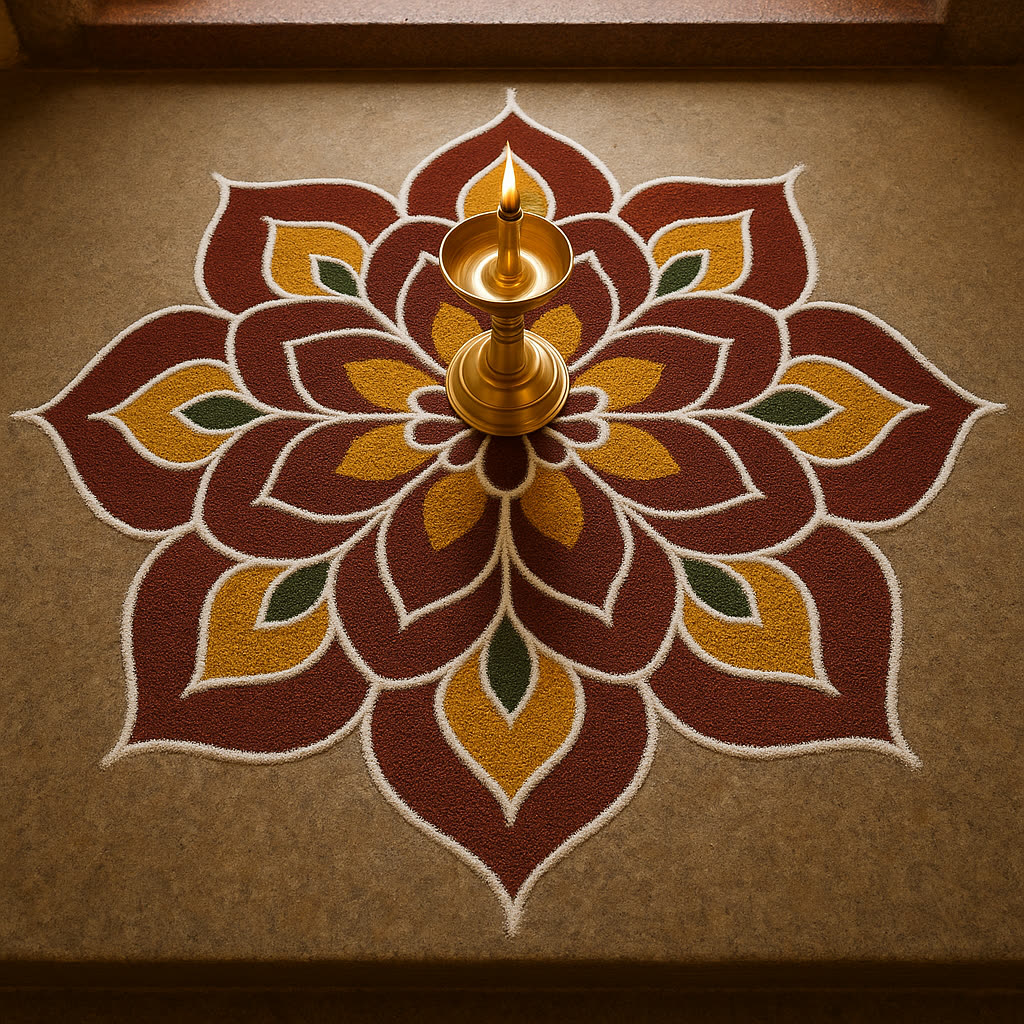An intricate rice-flour rangoli drawn at the home's entrance
