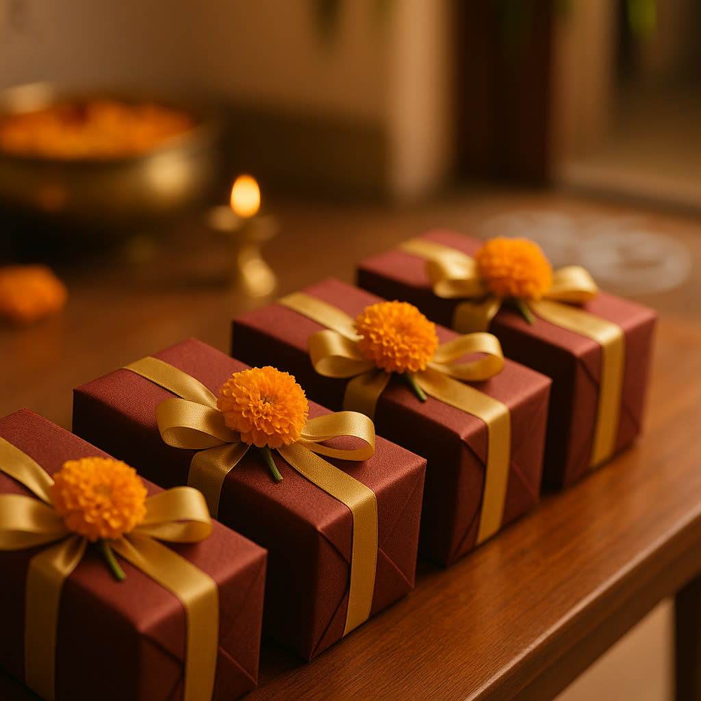Small return-gift boxes wrapped in maroon and gold with a marigold sprig