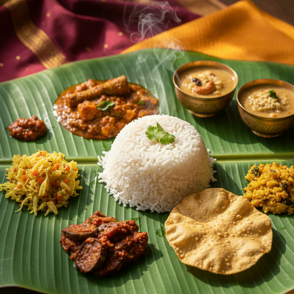 A traditional satvik meal served on a banana leaf with rice, sambar and payasam