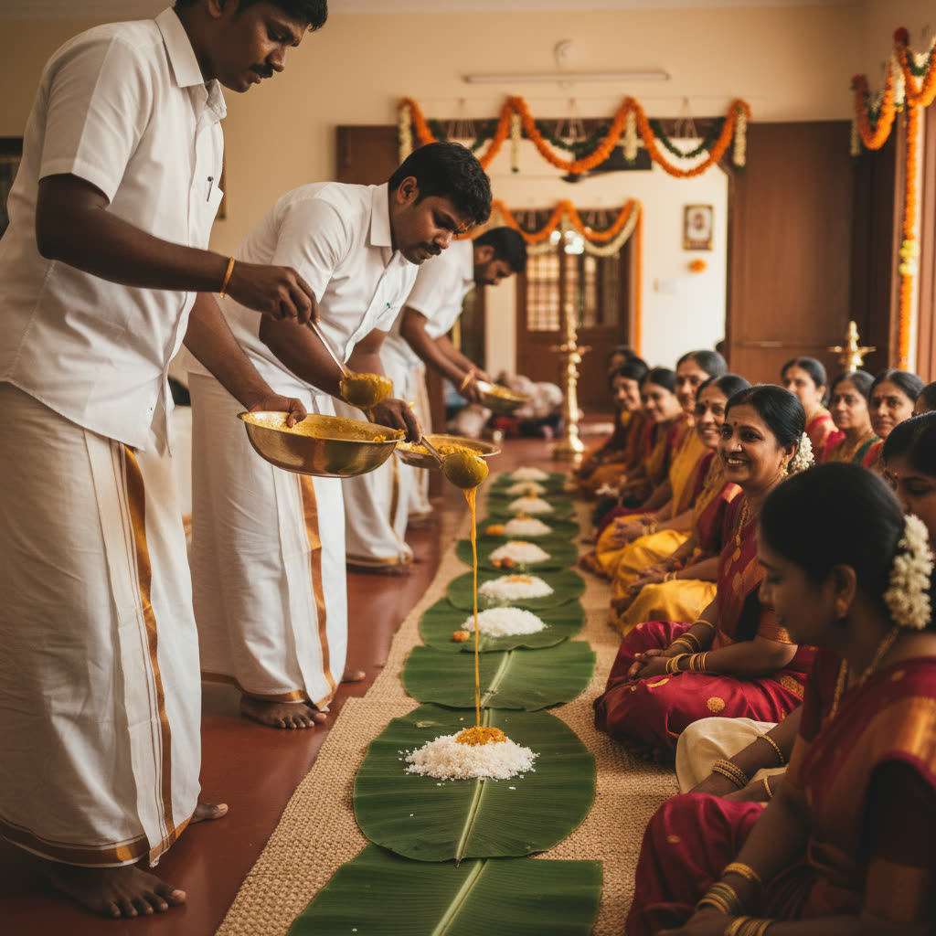 Catering staff serving rice and sambar to seated guests